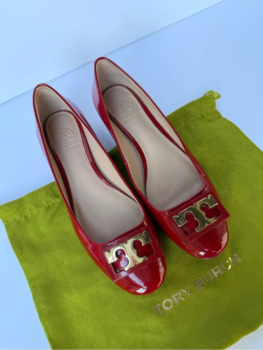 Tory Burch Gigi‎ Soft Patent Leather Low Block Heel Pumps Red Sz 6